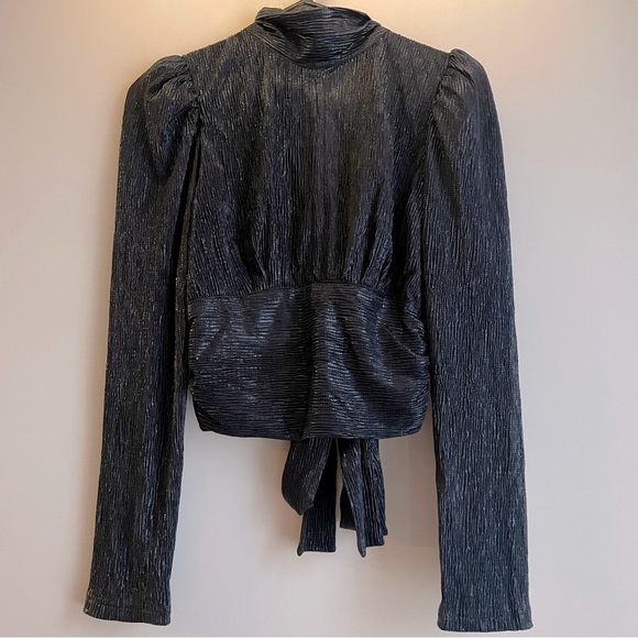 DO+BE Navy Puff Sleeve Open Tie Back Top Small - Picture 1 of 8